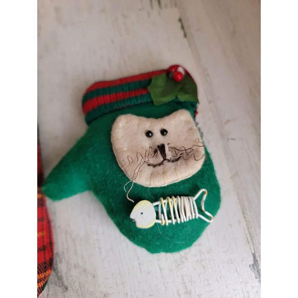 Vintage plush cat stocking Mitten‎ hanging home decor set